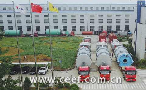 CEEF delivery fleet of trucks loaded with thermal oil heaters leaving the Changzhou, Jiangsu Province, China factory
