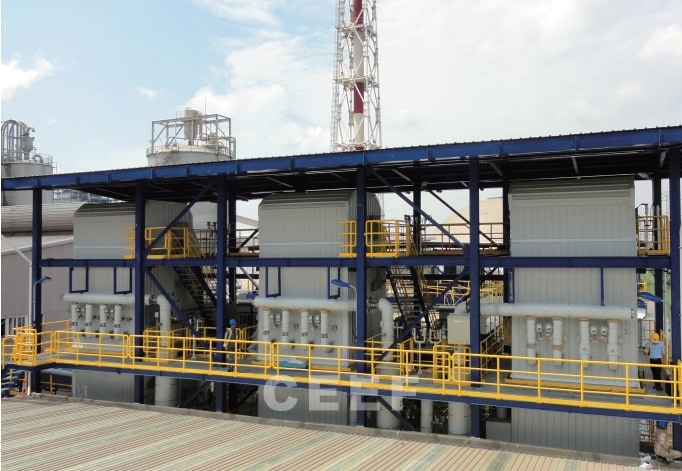 Three CEEF coal-fired thermal oil heaters with steel access platforms at the Formosa Plastics polyester plant in Vietnam