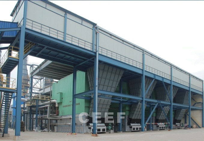 Row of CEEF coal-fired and gas dual-fuel thermal oil heaters at a Sanfangxiang Group polyester plant