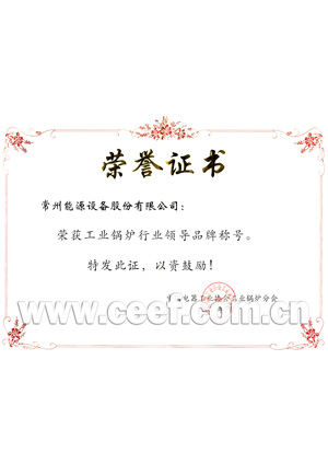 CEEF honor certificate for Industry Leading Brand in China's industrial boiler sector