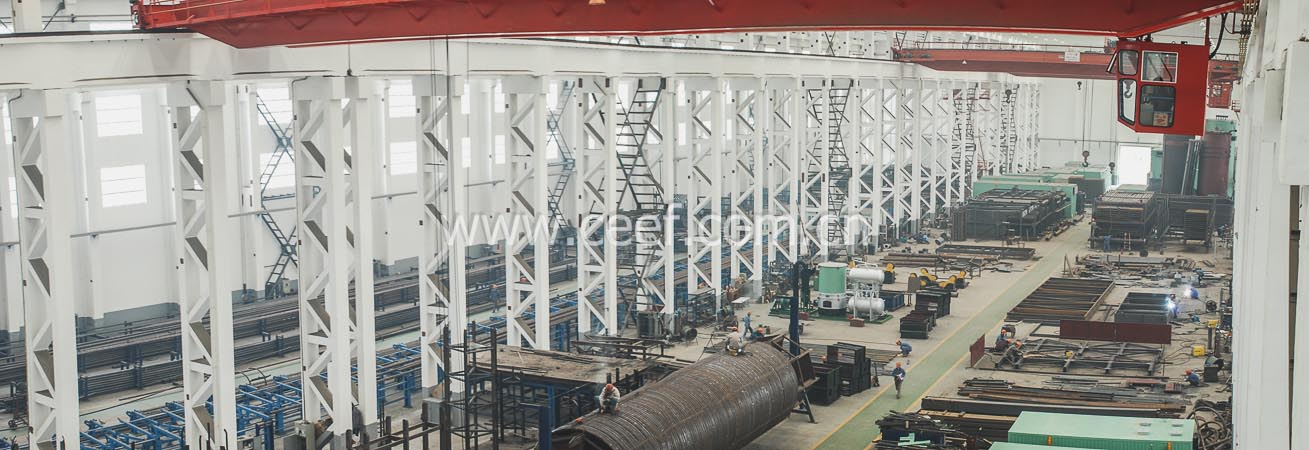CEEF manufacturing workshop with technicians assembling a 15M kcal/h molten salt thermal fluid heater