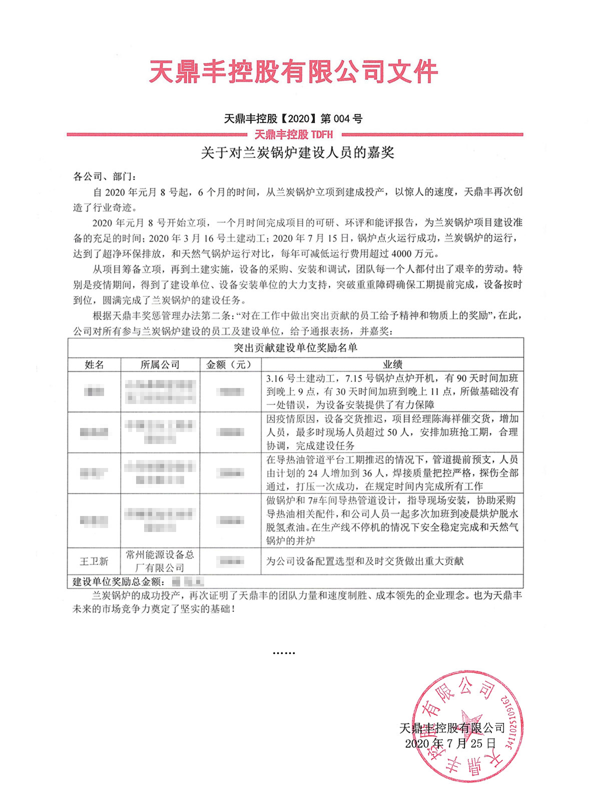 Official client commendation letter from Tiandingfeng Holdings recognizing CEEF thermal oil heater project contribution