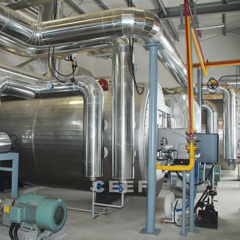 Low-NOx heavy oil and diesel fired thermal oil heater with auto-reset explosion doors